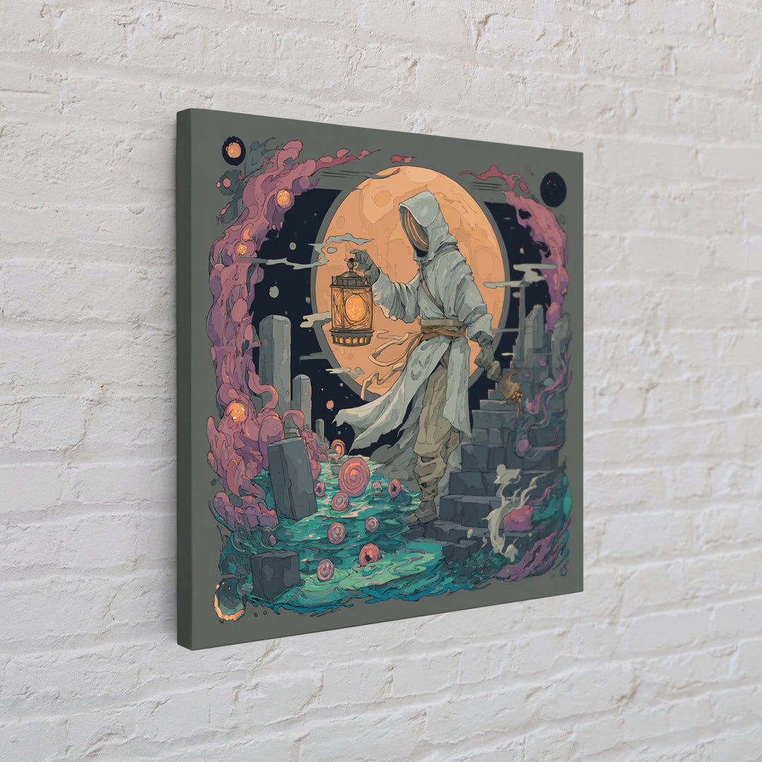 The Lantern-Bearer Of R’Lyeh, Vaporwave Halloween Decor, Square Wall Art, Framed Canvas Print, Retro Halloween Decor, Neon Wall Art