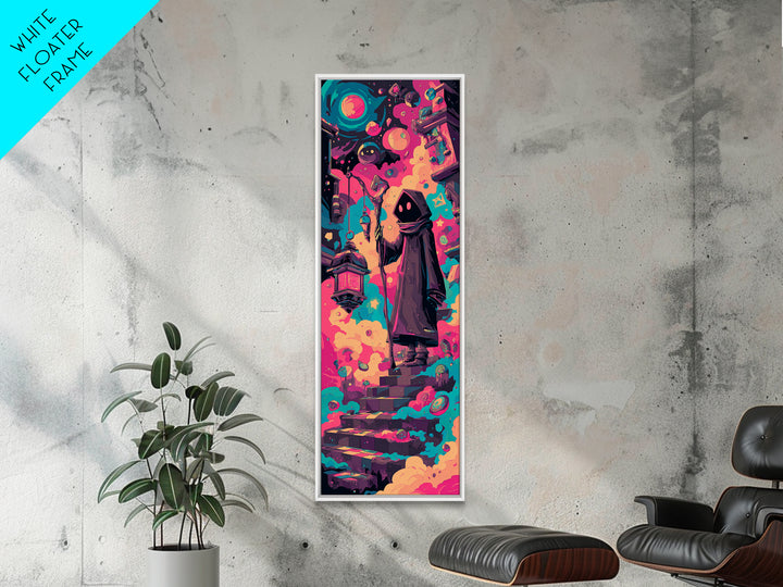 The Lantern-Bearer Of R’Lyeh, Retro Neon Halloween Art, Tall Narrow Wall Art, Canvas Print, Retro Halloween Decor, Neon Wall Art