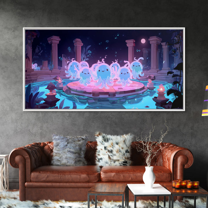 The Choir Of Deepwater Acolytes, Cute Spooky Neon Art, Wide Panoramic Art, Canvas Print, Retro Halloween Decor, Neon Wall Art