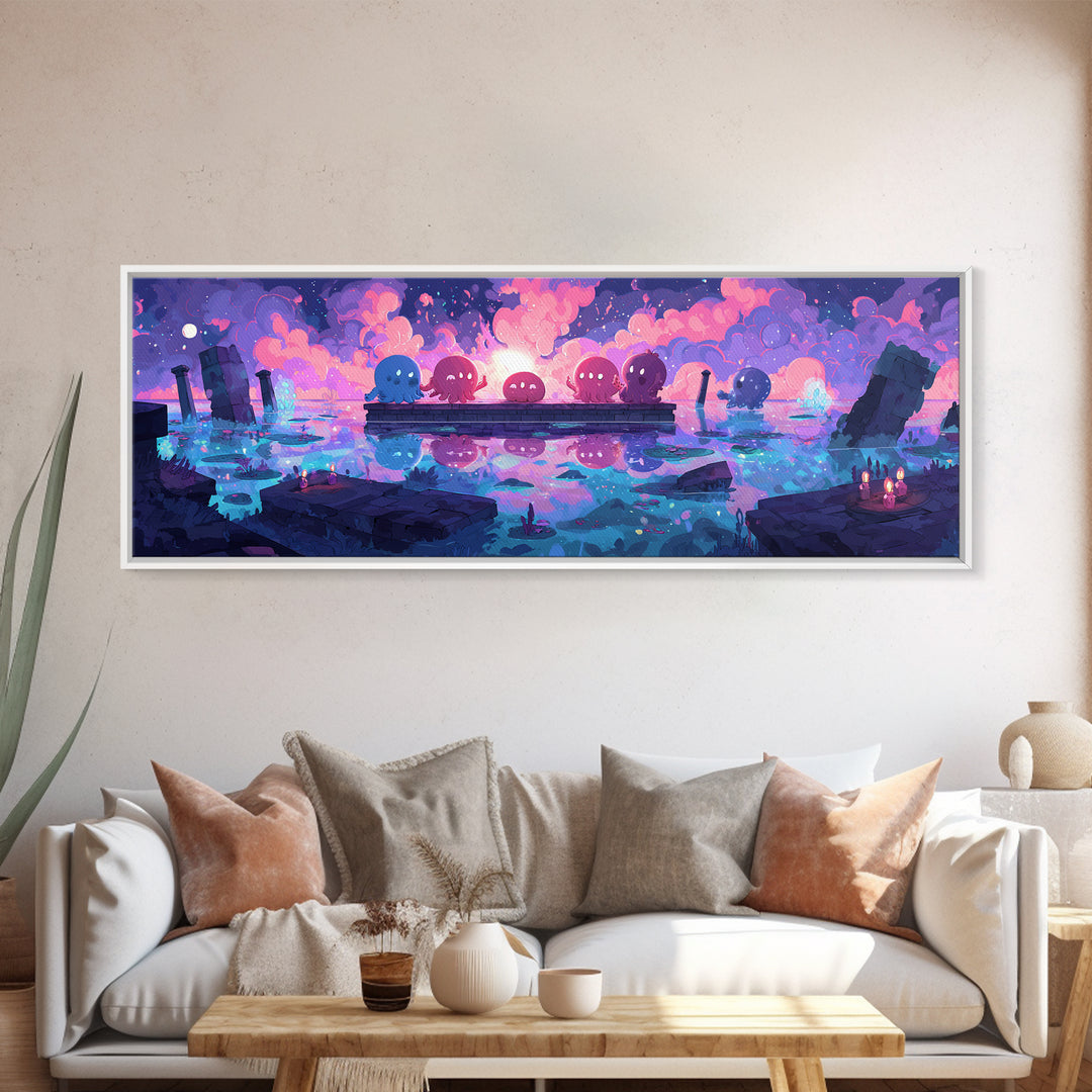 The Choir Of Deepwater Acolytes, Synthwave Halloween Art, Extra Wide Wall Art, Canvas Print, Retro Halloween Decor, Neon Wall Art