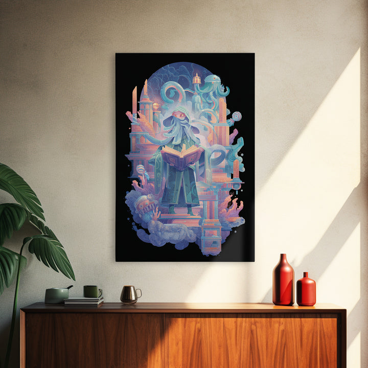 The Librarian Of Forbidden Tides, Retro Neon Halloween Art, Vertical Wall Art, Framed Canvas Print, Retro Halloween Decor, Neon Wall Art