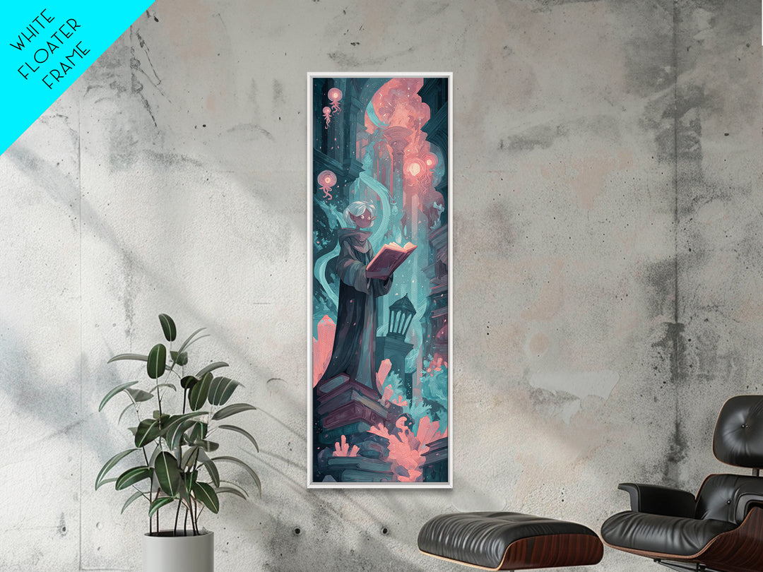 The Librarian Of Forbidden Tides, Cosmic Synthwave Horror, Tall Narrow Wall Art, Canvas Print, Retro Halloween Decor, Neon Wall Art