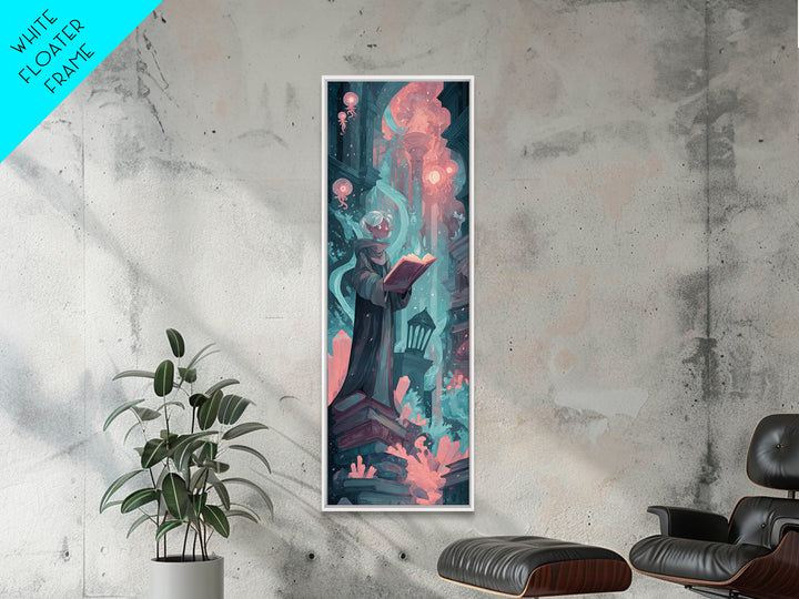 The Librarian Of Forbidden Tides, Cosmic Synthwave Horror, Tall Narrow Wall Art, Canvas Print, Retro Halloween Decor, Neon Wall Art