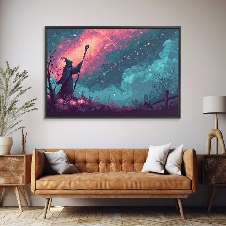 The Star-Seer Of Black Dunwich, Cute Spooky Neon Art, Landscape Wall Art, Framed Canvas Print, Retro Halloween Decor, Neon Wall Art
