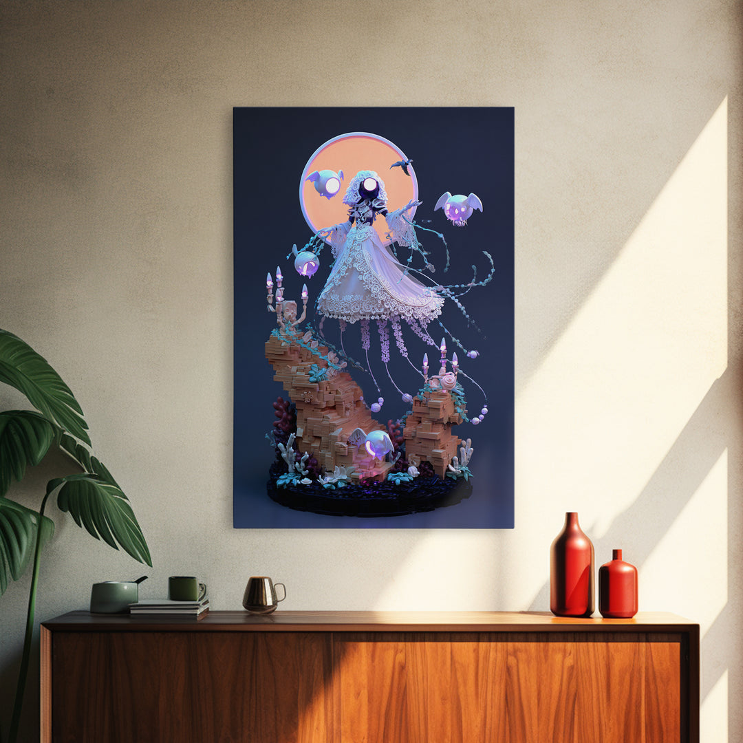 The Bride Of The Abyssal Moon, Cute Eldritch Neon Art, Vertical Wall Art, Framed Canvas Print, Retro Halloween Decor, Neon Wall Art
