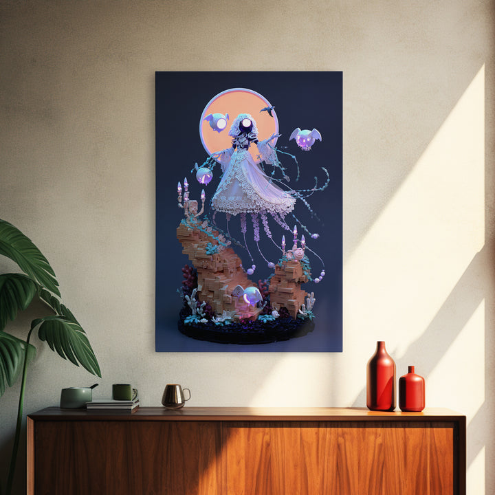 The Bride Of The Abyssal Moon, Cute Eldritch Neon Art, Vertical Wall Art, Framed Canvas Print, Retro Halloween Decor, Neon Wall Art