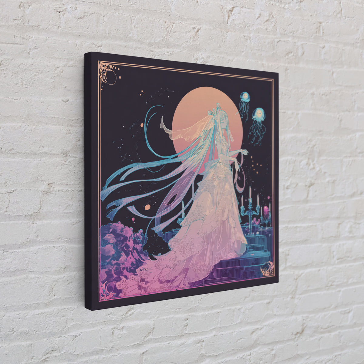 The Bride Of The Abyssal Moon, Cute Eldritch Neon Art, Square Wall Art, Framed Canvas Print, Retro Halloween Decor, Neon Wall Art