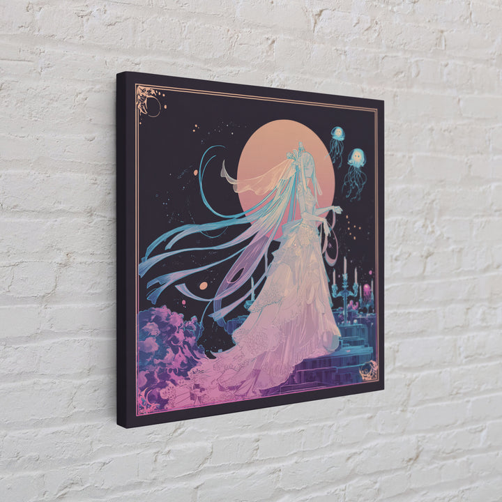 The Bride Of The Abyssal Moon, Cute Eldritch Neon Art, Square Wall Art, Framed Canvas Print, Retro Halloween Decor, Neon Wall Art
