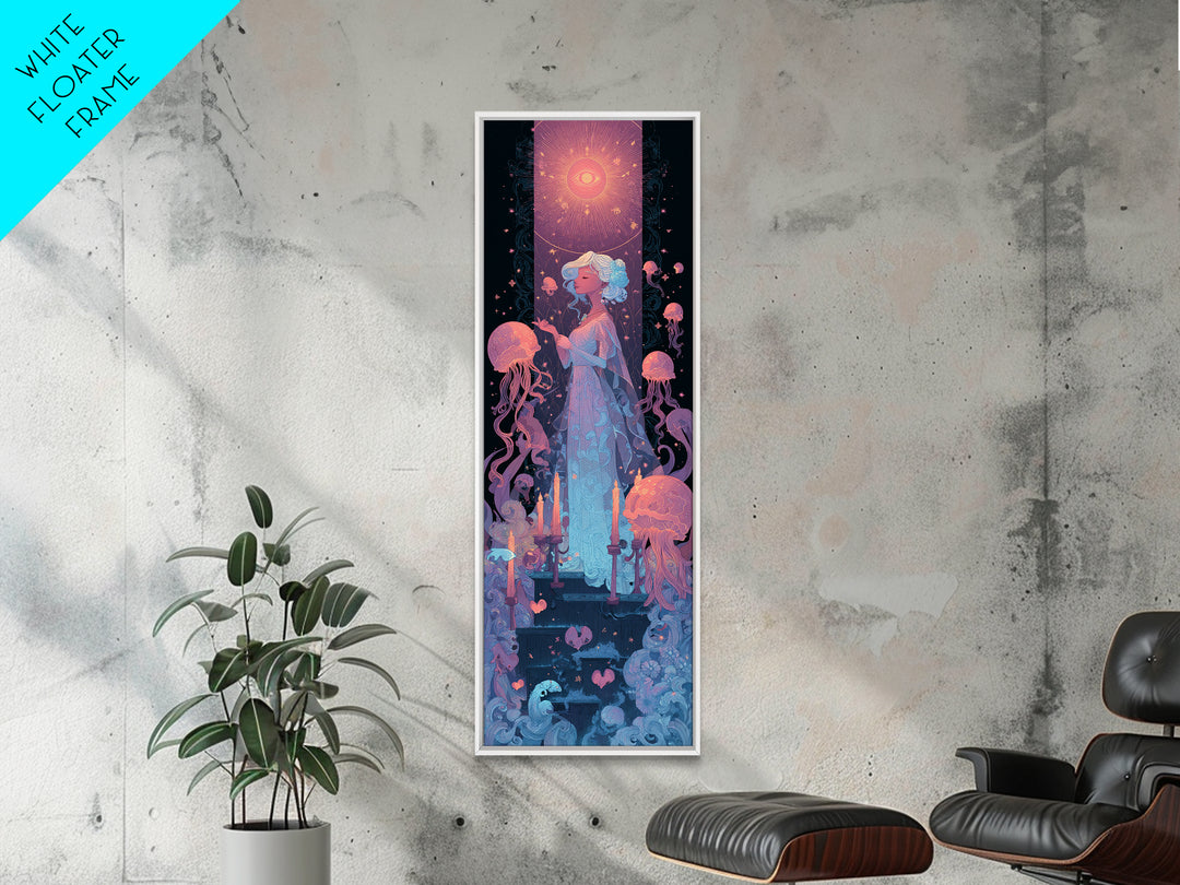 The Bride Of The Abyssal Moon, Cosmic Synthwave Horror, Tall Narrow Wall Art, Canvas Print, Retro Halloween Decor, Neon Wall Art