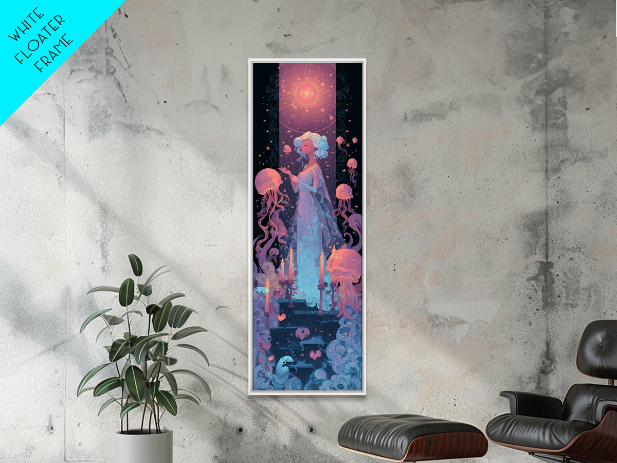 The Bride Of The Abyssal Moon, Cosmic Synthwave Horror, Tall Narrow Wall Art, Canvas Print, Retro Halloween Decor, Neon Wall Art