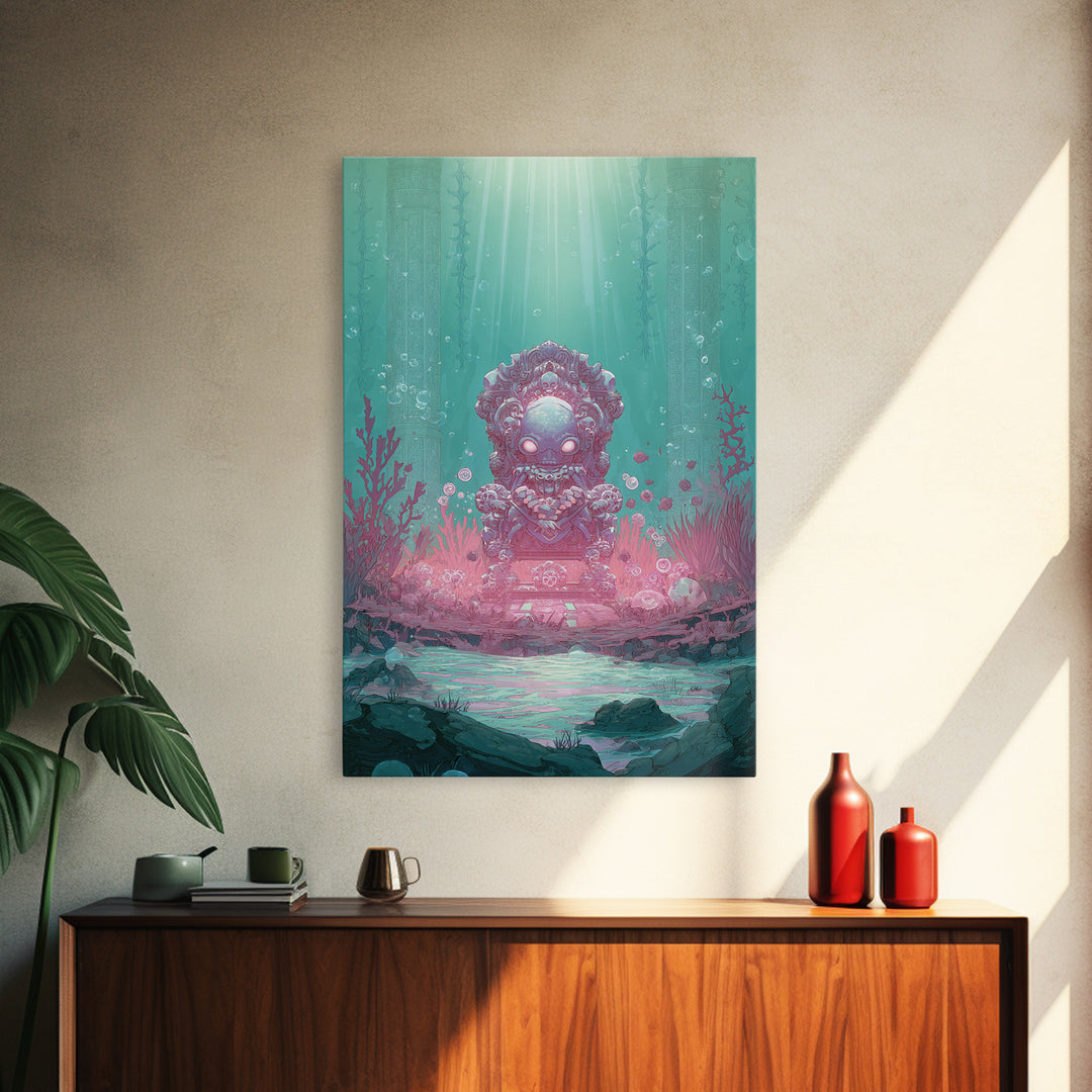 The Watcher In The Coral Throne, Retro Neon Halloween Art, Vertical Wall Art, Canvas Print, Retro Halloween Decor, Neon Wall Art