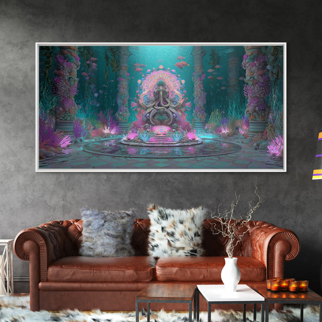 The Watcher In The Coral Throne, Vaporwave Halloween Decor, Wide Panoramic Art, Framed Canvas Print, Retro Halloween Decor, Neon Wall Art