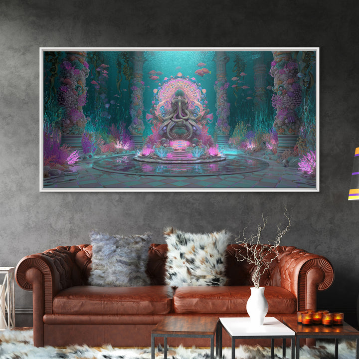 The Watcher In The Coral Throne, Vaporwave Halloween Decor, Wide Panoramic Art, Framed Canvas Print, Retro Halloween Decor, Neon Wall Art