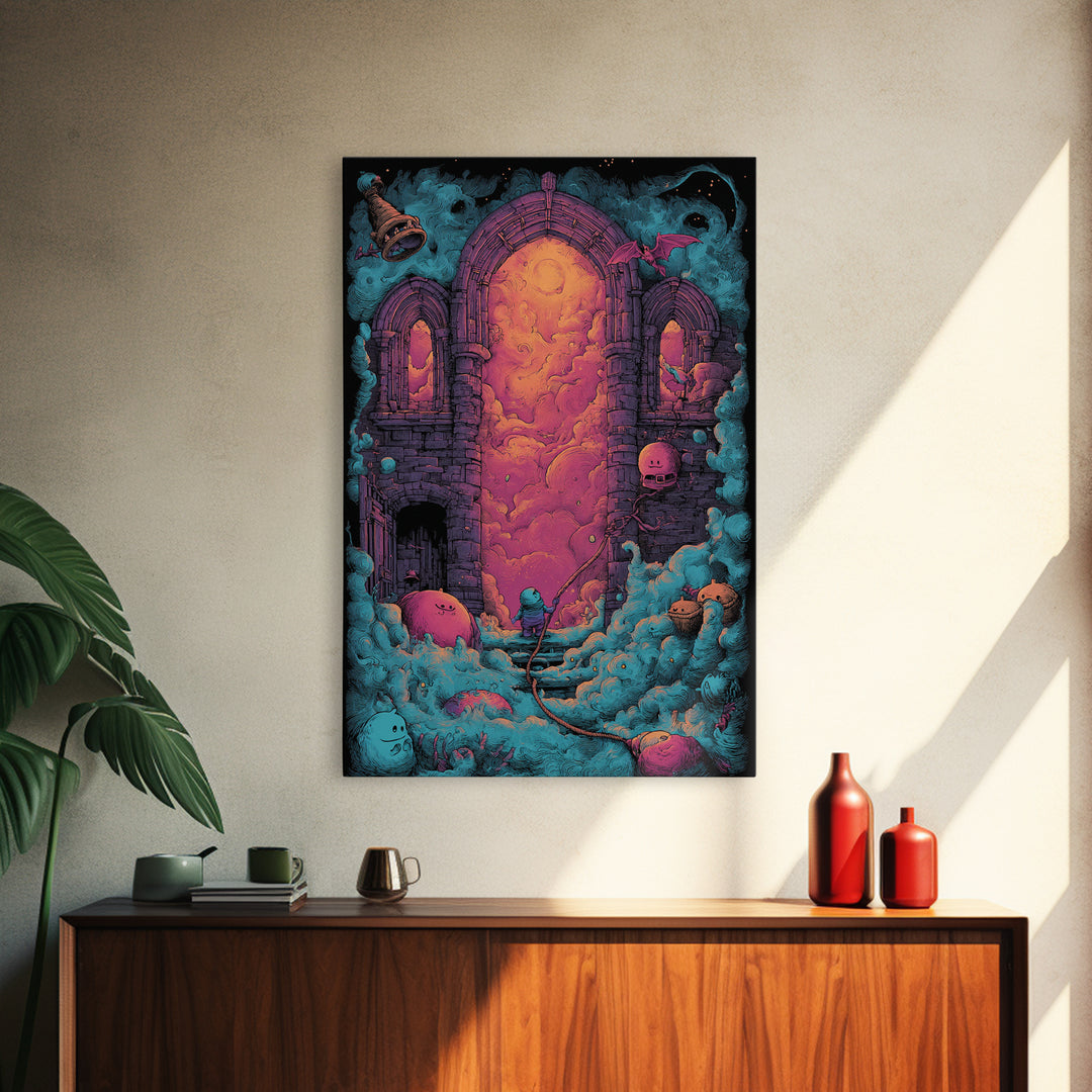 The Bellringer Of The Sunken Cathedral, Cute Eldritch Neon Art, Vertical Wall Art, Canvas Print, Retro Halloween Decor, Neon Wall Art