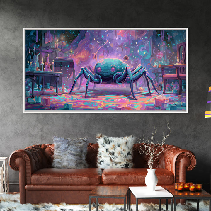 The Crawler Beneath The Floor Of Stars, Retro Neon Halloween Art, Wide Panoramic Art, Framed Canvas Print, Retro Halloween Decor