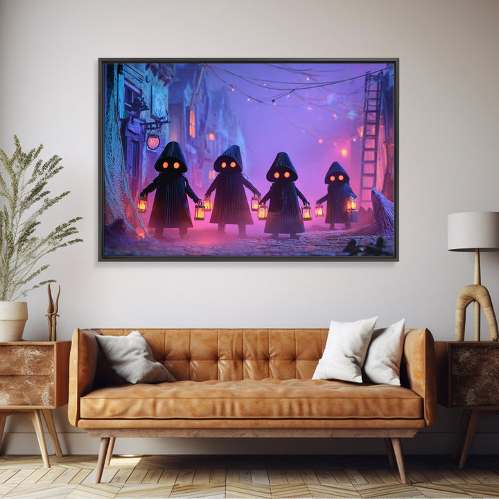 The Innsmouth Lantern Procession, Synthwave Halloween Art, Landscape Wall Art, Framed Canvas Print, Retro Halloween Decor, Neon Wall Art