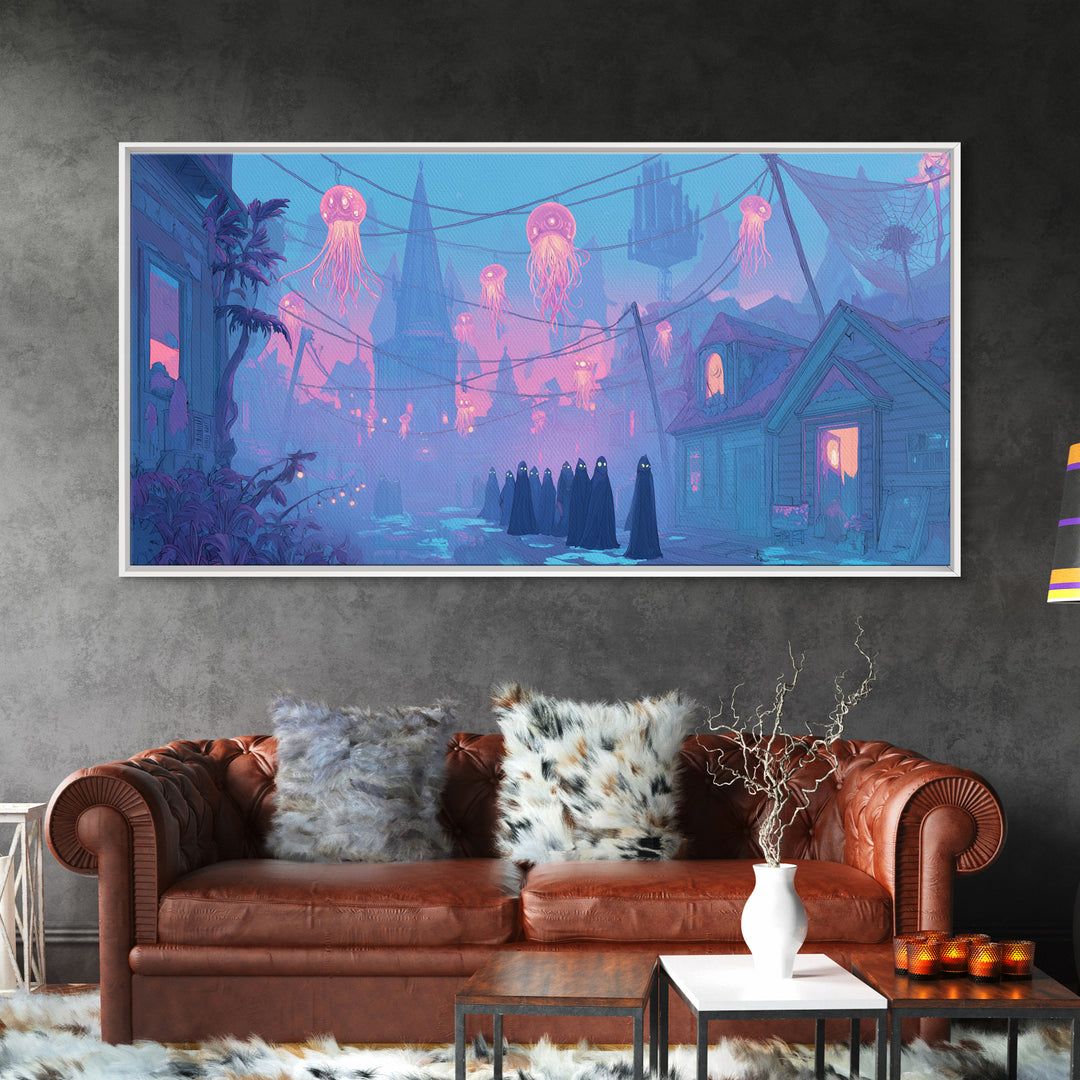 The Innsmouth Lantern Procession, Cute Eldritch Neon Art, Wide Panoramic Art, Framed Canvas Print, Retro Halloween Decor, Neon Wall Art