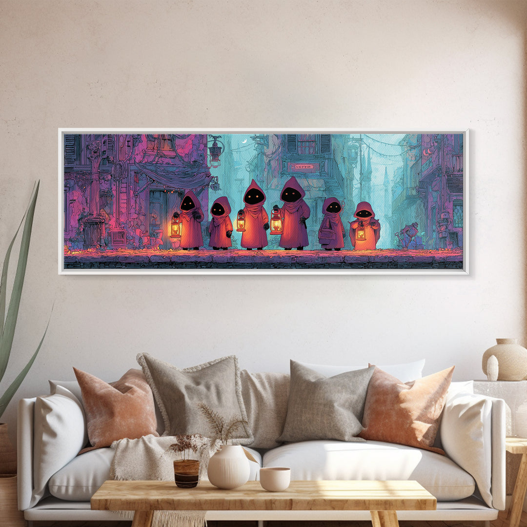 The Innsmouth Lantern Procession, Retro Neon Halloween Art, Extra Wide Wall Art, Framed Canvas Print, Retro Halloween Decor, Neon Wall Art