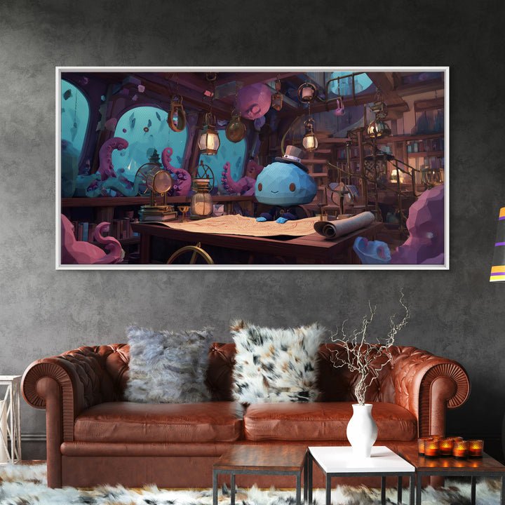 The Mapmaker Of Impossible Shores, Cosmic Synthwave Horror, Wide Panoramic Art, Framed Canvas Print, Retro Halloween Decor, Neon Wall Art