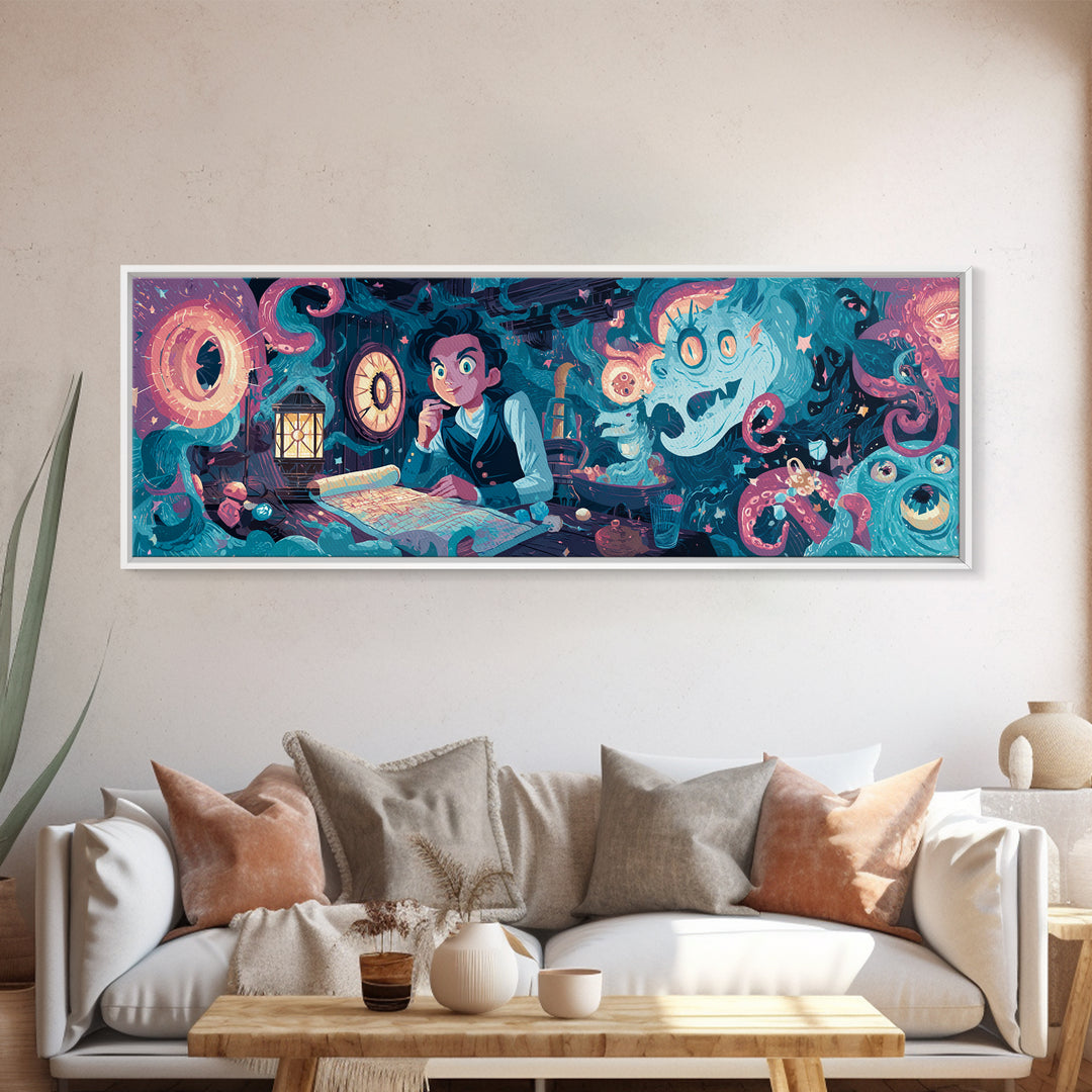 The Mapmaker Of Impossible Shores, Cosmic Synthwave Horror, Extra Wide Wall Art, Canvas Print, Retro Halloween Decor, Neon Wall Art