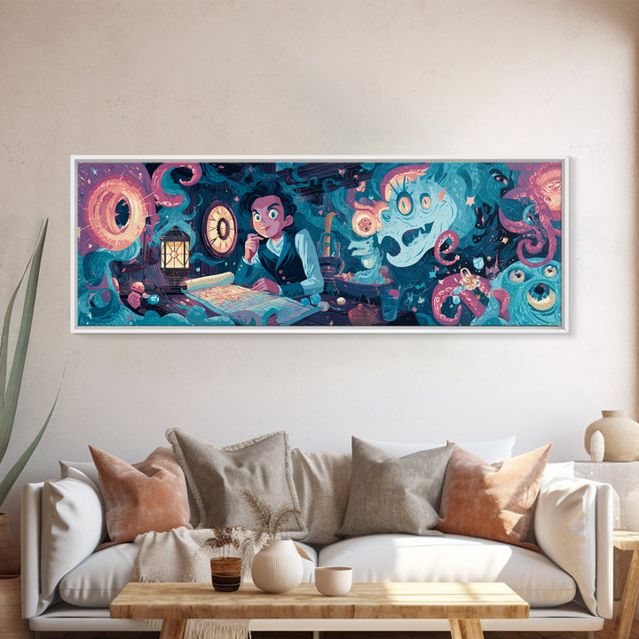 The Mapmaker Of Impossible Shores, Cosmic Synthwave Horror, Extra Wide Wall Art, Canvas Print, Retro Halloween Decor, Neon Wall Art