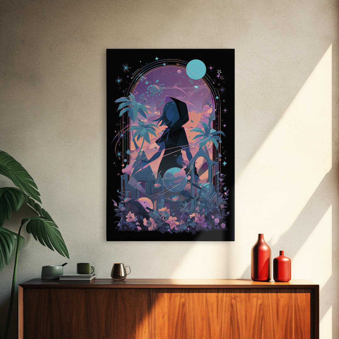 The Widow Of The Whispering Comet, Cosmic Synthwave Horror, Vertical Wall Art, Canvas Print, Retro Halloween Decor, Neon Wall Art