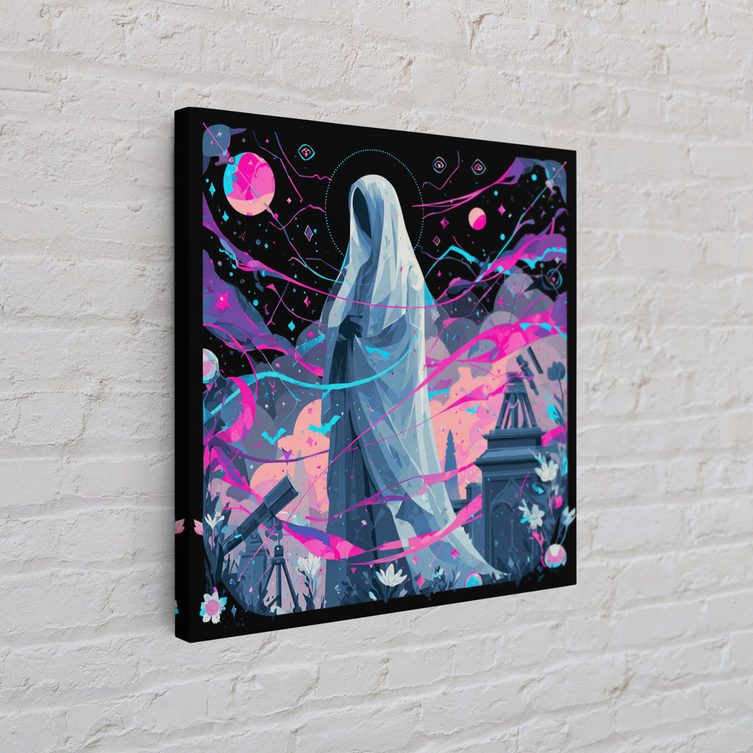 The Widow Of The Whispering Comet, Synthwave Halloween Art, Square Wall Art, Framed Canvas Print, Retro Halloween Decor, Neon Wall Art
