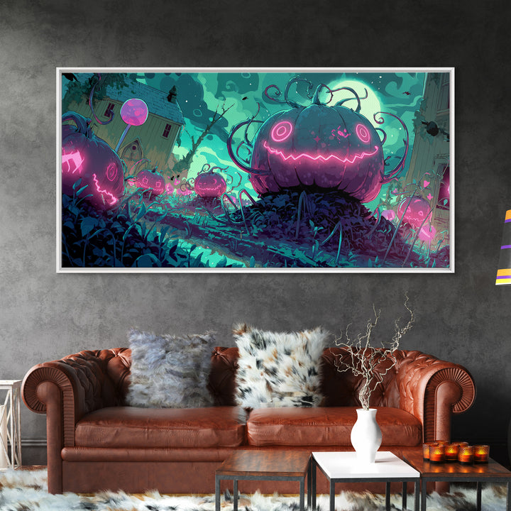 The Harvest Of The Eldritch Field, 80s Halloween Wall Art, Wide Panoramic Art, Canvas Print, Retro Halloween Decor, Neon Wall Art