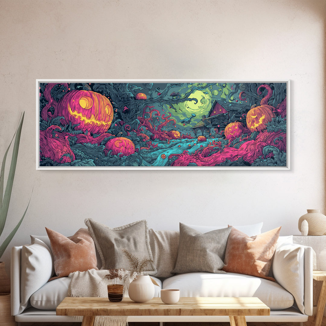 The Harvest Of The Eldritch Field, Cosmic Synthwave Horror, Extra Wide Wall Art, Canvas Print, Retro Halloween Decor, Neon Wall Art