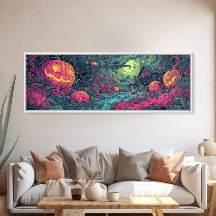 The Harvest Of The Eldritch Field, Cosmic Synthwave Horror, Extra Wide Wall Art, Canvas Print, Retro Halloween Decor, Neon Wall Art
