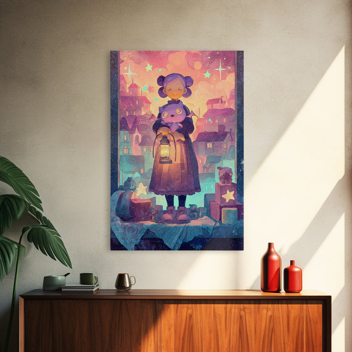 The Child Who Caught A Moon-Spawn, Vaporwave Halloween Decor, Vertical Wall Art, Framed Canvas Print, Retro Halloween Decor, Neon Wall Art
