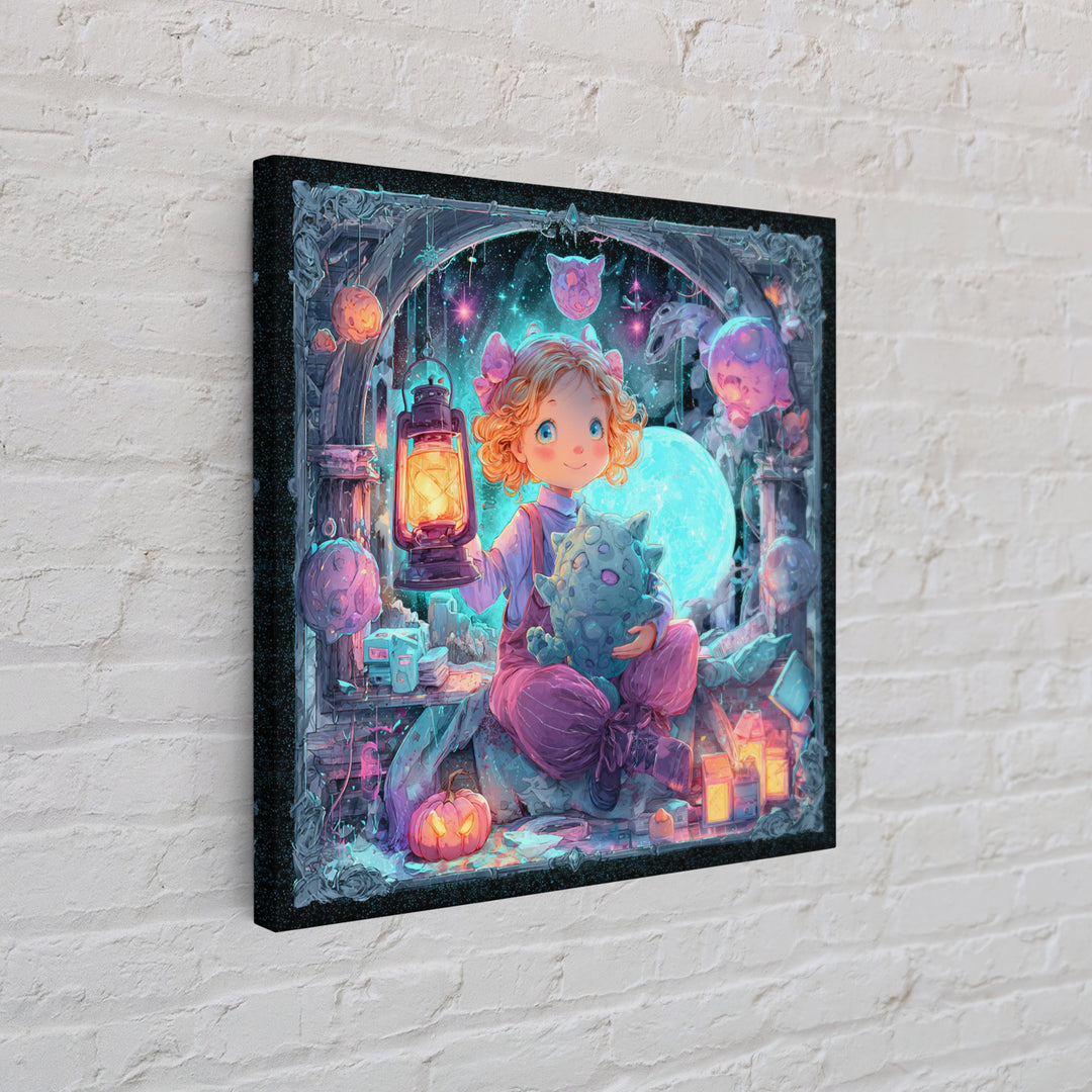 The Child Who Caught A Moon-Spawn, Vaporwave Halloween Decor, Square Wall Art, Canvas Print, Retro Halloween Decor, Neon Wall Art