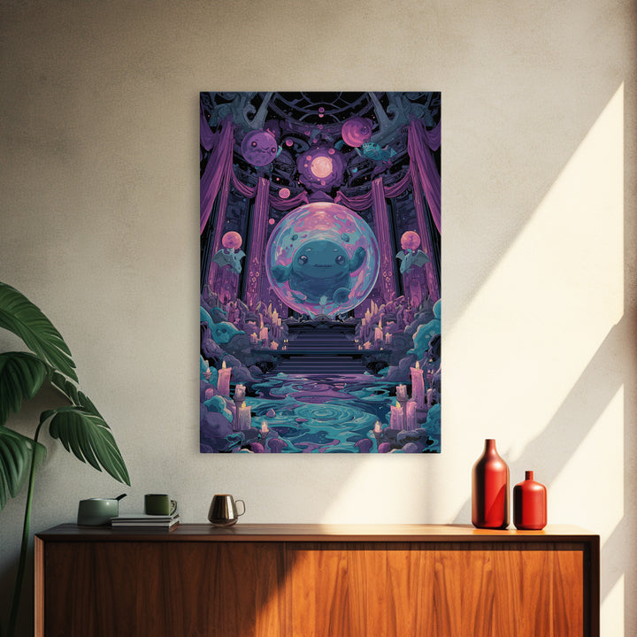 The Oracle Of The Glass Depths, Cute Eldritch Neon Art, Vertical Wall Art, Canvas Print, Retro Halloween Decor, Neon Wall Art