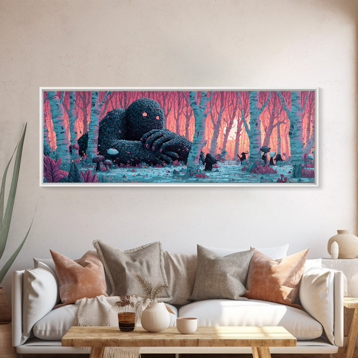 The Sleeper In The Birch Grove, Cosmic Synthwave Horror, Extra Wide Wall Art, Canvas Print, Retro Halloween Decor, Neon Wall Art