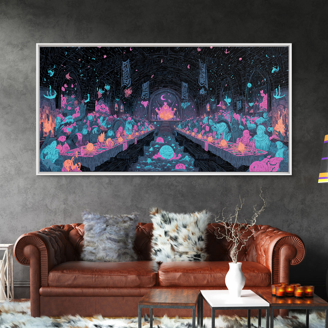 The Feast Of The Pale Cult, Synthwave Halloween Art, Wide Panoramic Art, Canvas Print, Retro Halloween Decor, Neon Wall Art
