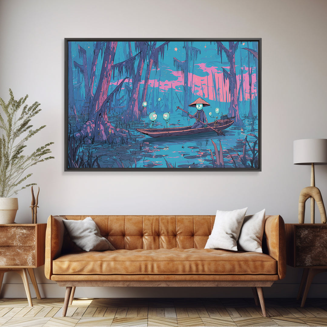 The Ferryman Of The Outer Marsh, Synthwave Halloween Art, Landscape Wall Art, Framed Canvas Print, Retro Halloween Decor, Neon Wall Art