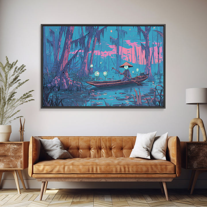 The Ferryman Of The Outer Marsh, Synthwave Halloween Art, Landscape Wall Art, Framed Canvas Print, Retro Halloween Decor, Neon Wall Art