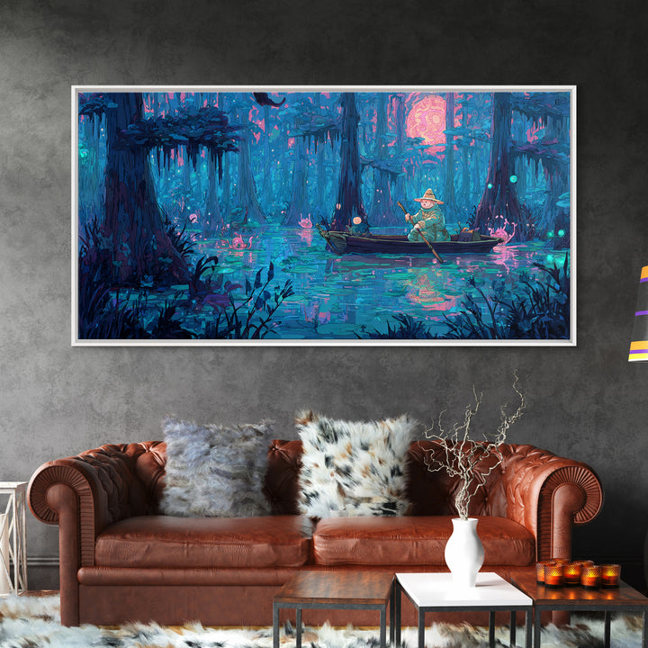 The Ferryman Of The Outer Marsh, 80s Halloween Wall Art, Wide Panoramic Art, Canvas Print, Retro Halloween Decor, Neon Wall Art