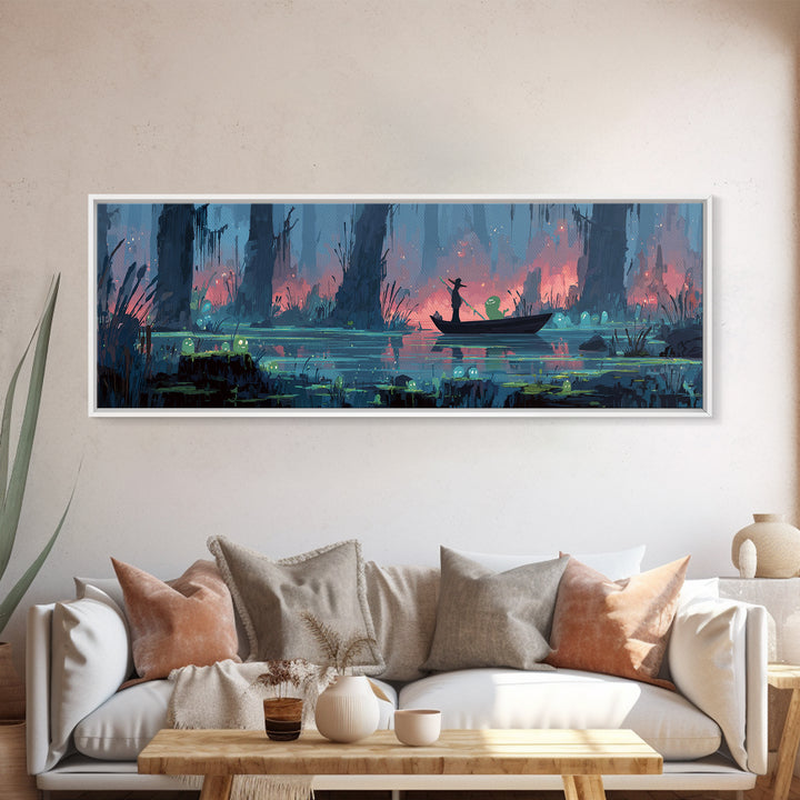 The Ferryman Of The Outer Marsh, Synthwave Halloween Art, Extra Wide Wall Art, Canvas Print, Retro Halloween Decor, Neon Wall Art