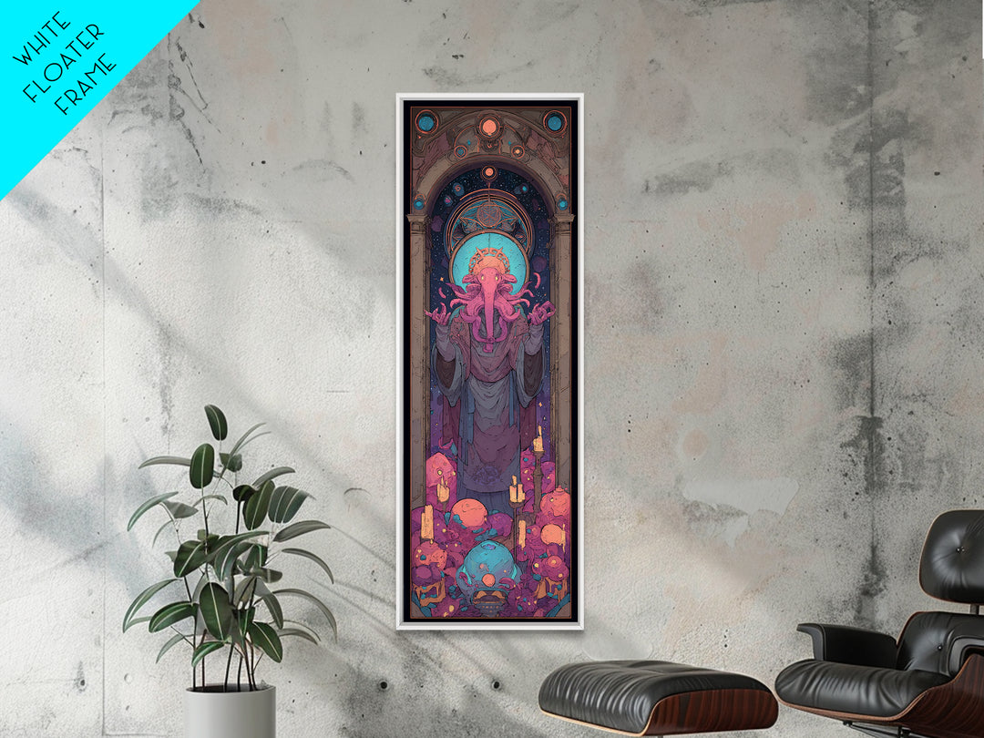 The Crown Of The Tentacled Saint, Cute Eldritch Neon Art, Tall Narrow Wall Art, Framed Canvas Print, Retro Halloween Decor, Neon Wall Art