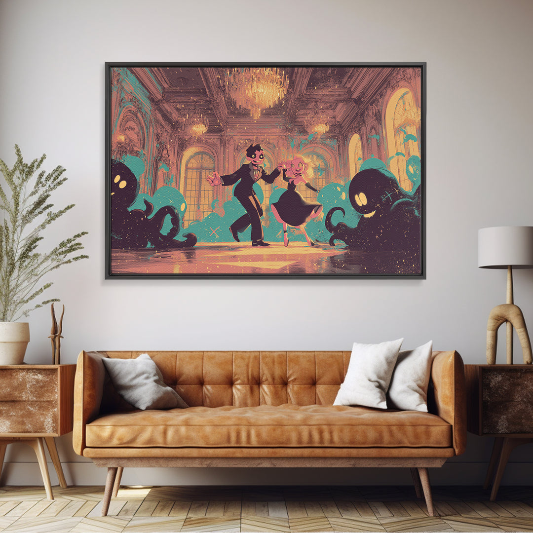 The Ballroom Of Silent Shoggoths, Synthwave Halloween Art, Landscape Wall Art, Canvas Print, Retro Halloween Decor, Neon Wall Art