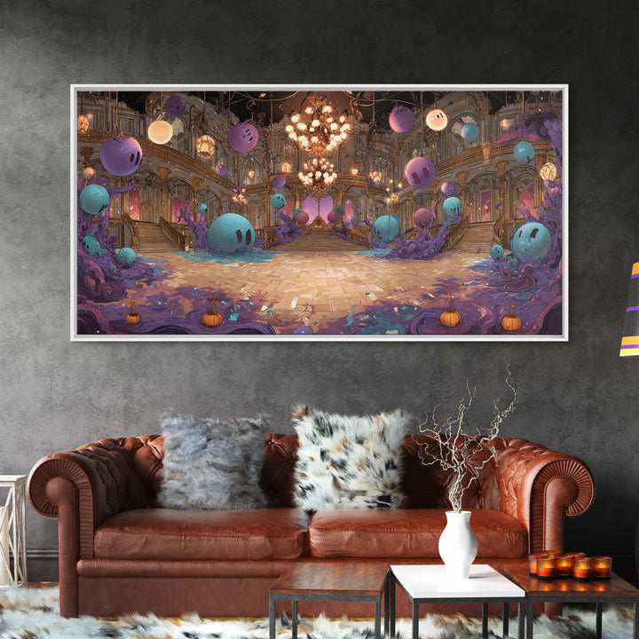 The Ballroom Of Silent Shoggoths, Cute Eldritch Neon Art, Wide Panoramic Art, Framed Canvas Print, Retro Halloween Decor, Neon Wall Art