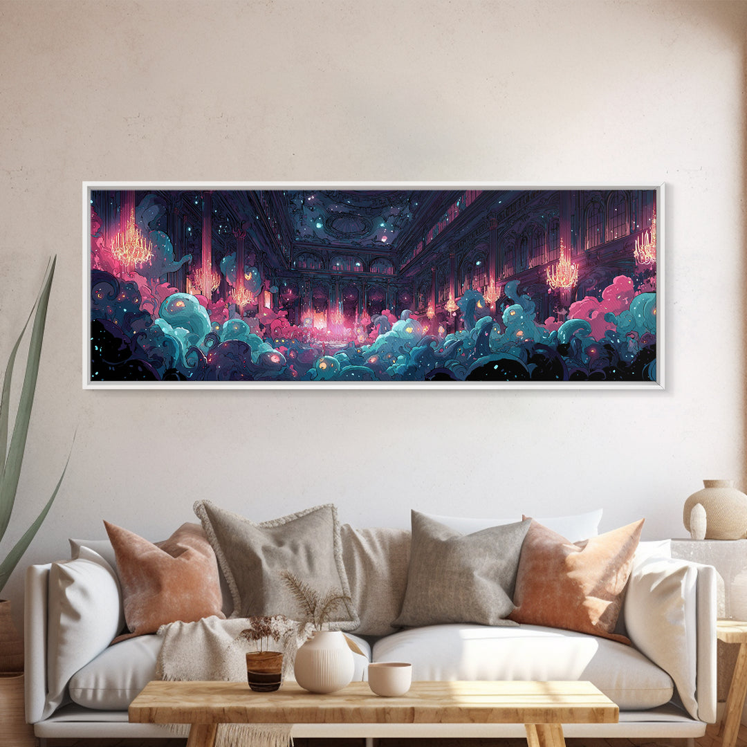 The Ballroom Of Silent Shoggoths, Cute Spooky Neon Art, Extra Wide Wall Art, Canvas Print, Retro Halloween Decor, Neon Wall Art