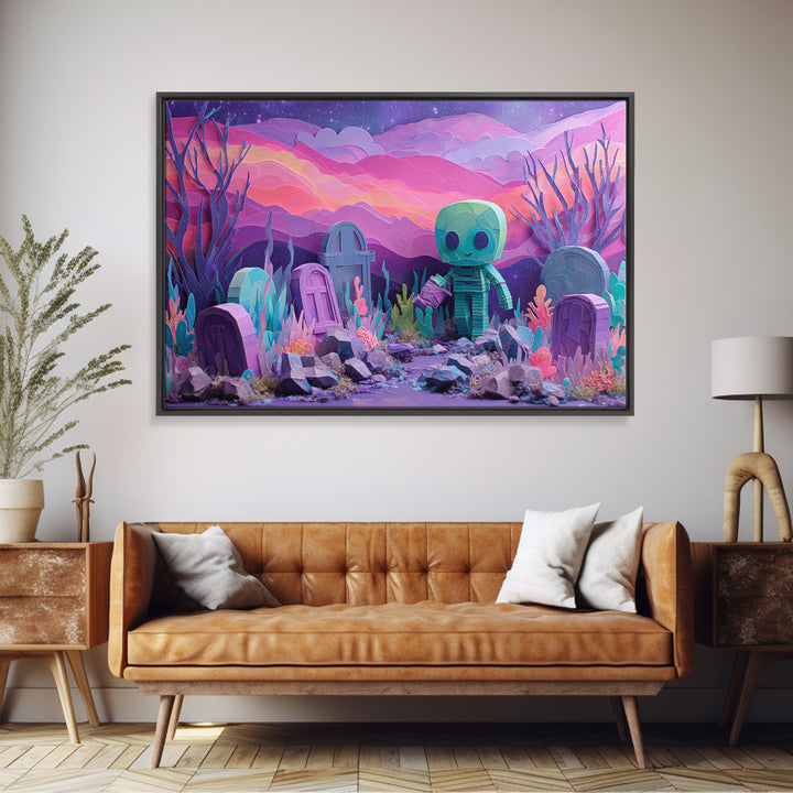 The Grave Gardener Of Yuggoth, Cosmic Synthwave Horror, Landscape Wall Art, Canvas Print, Retro Halloween Decor, Neon Wall Art