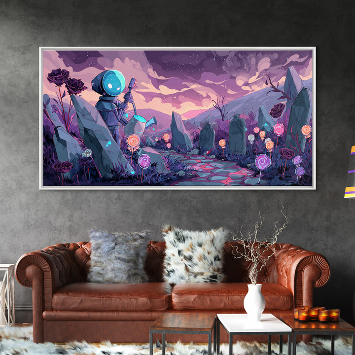 The Grave Gardener Of Yuggoth, Retro Neon Halloween Art, Wide Panoramic Art, Framed Canvas Print, Retro Halloween Decor, Neon Wall Art