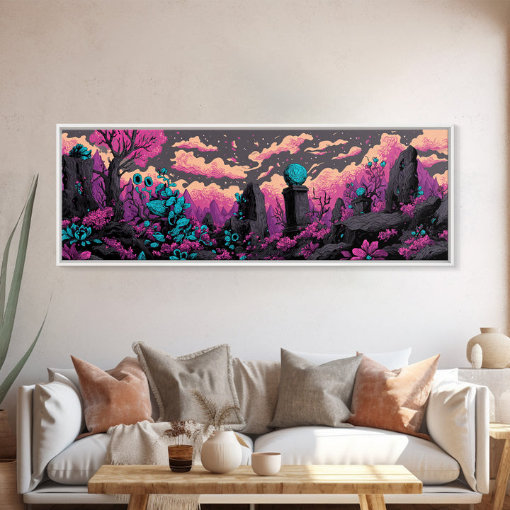 The Grave Gardener Of Yuggoth, Cosmic Synthwave Horror, Extra Wide Wall Art, Framed Canvas Print, Retro Halloween Decor, Neon Wall Art