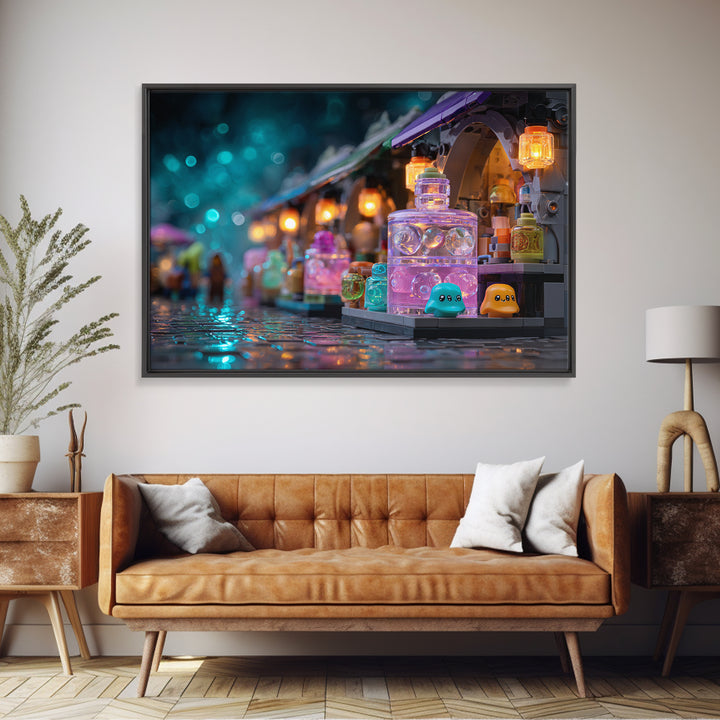 The Lantern Market Beyond The Veil, Cute Eldritch Neon Art, Landscape Wall Art, Canvas Print, Retro Halloween Decor, Neon Wall Art