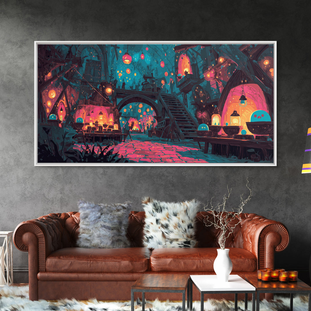 The Lantern Market Beyond The Veil, Cute Spooky Neon Art, Wide Panoramic Art, Canvas Print, Retro Halloween Decor, Neon Wall Art