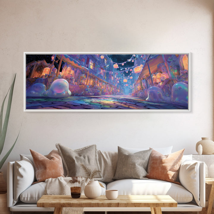 The Lantern Market Beyond The Veil, Retro Neon Halloween Art, Extra Wide Wall Art, Canvas Print, Retro Halloween Decor, Neon Wall Art
