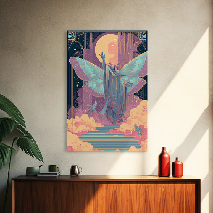 The Moth Prophet Of Kadath, Vaporwave Halloween Decor, Vertical Wall Art, Canvas Print, Retro Halloween Decor, Neon Wall Art